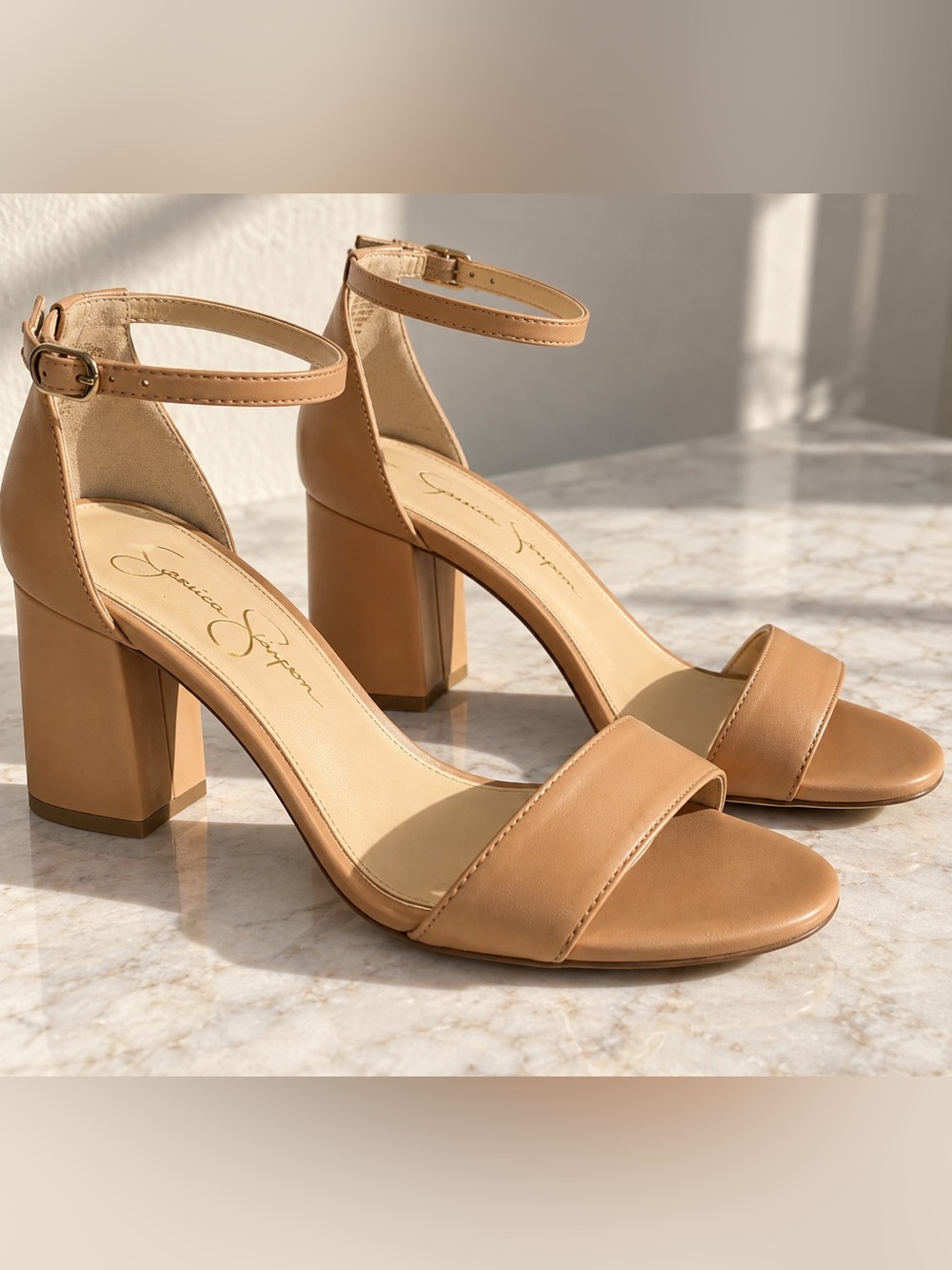 Jessica Simpson Ankle Strap Block Heel Sandals in Nude Brown Vegan Leather